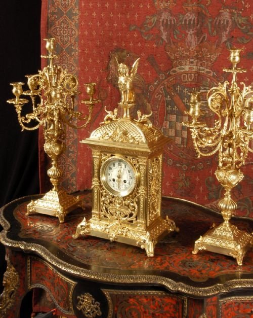 Superb Antique French Table Clock Set by A. D. Mougin